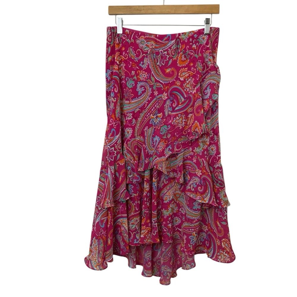 Chaps Skirt Women's S Pink Paisley Print Ruffled Layered Lined Y2k Fairy Dainty